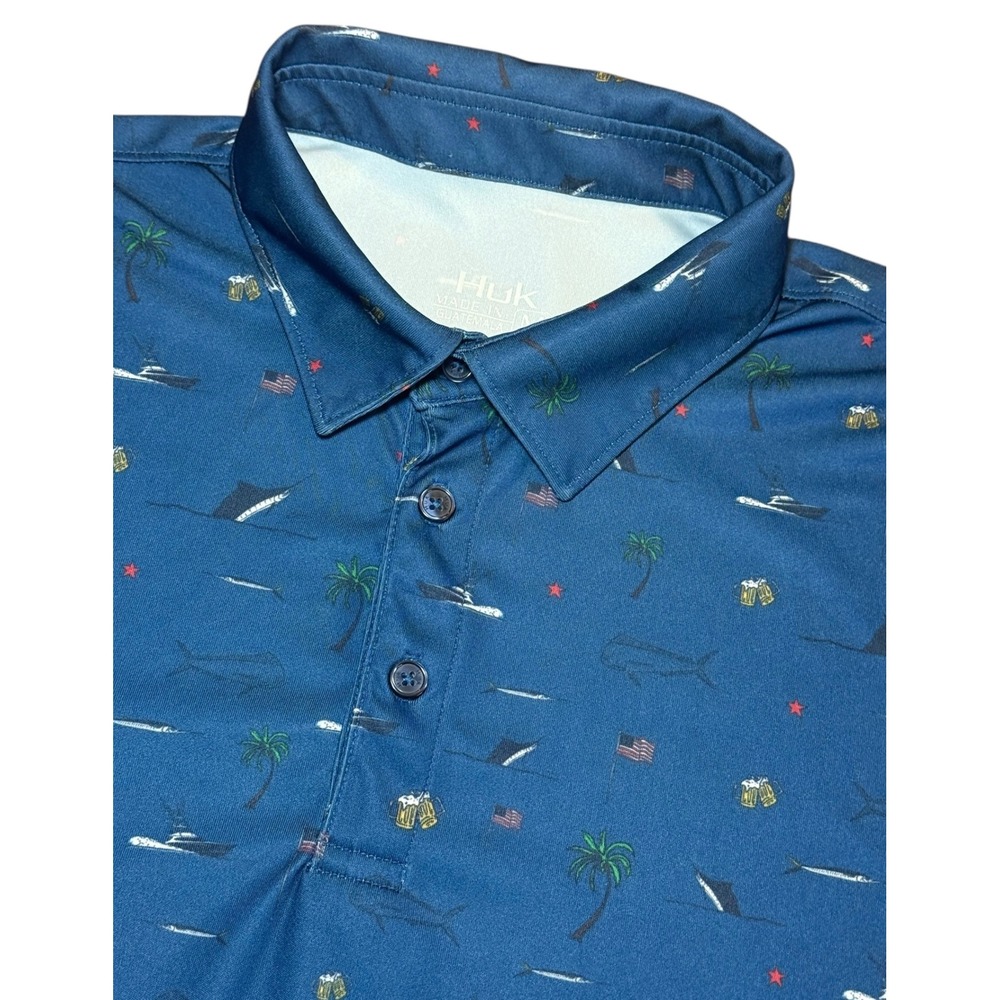 Huk Performance Polo Shirt Men M Blue Nautical Fish Palm Beer Print Short Sleeve